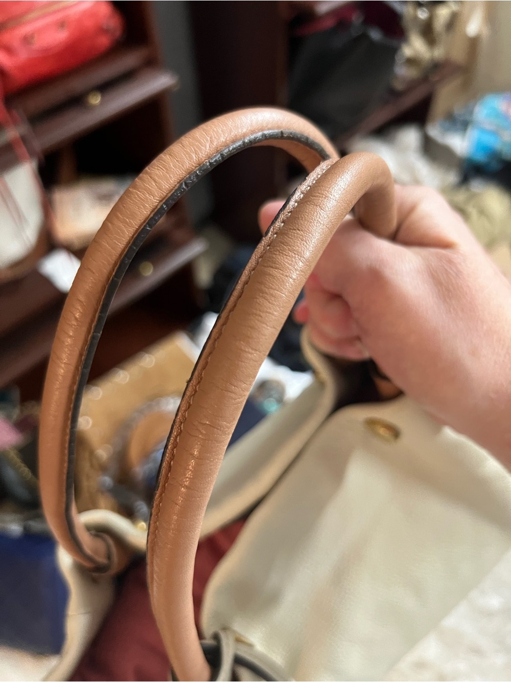 Furla Ivory Whipstitch Leather Tote with Tan Handles - Picture 5 of 10